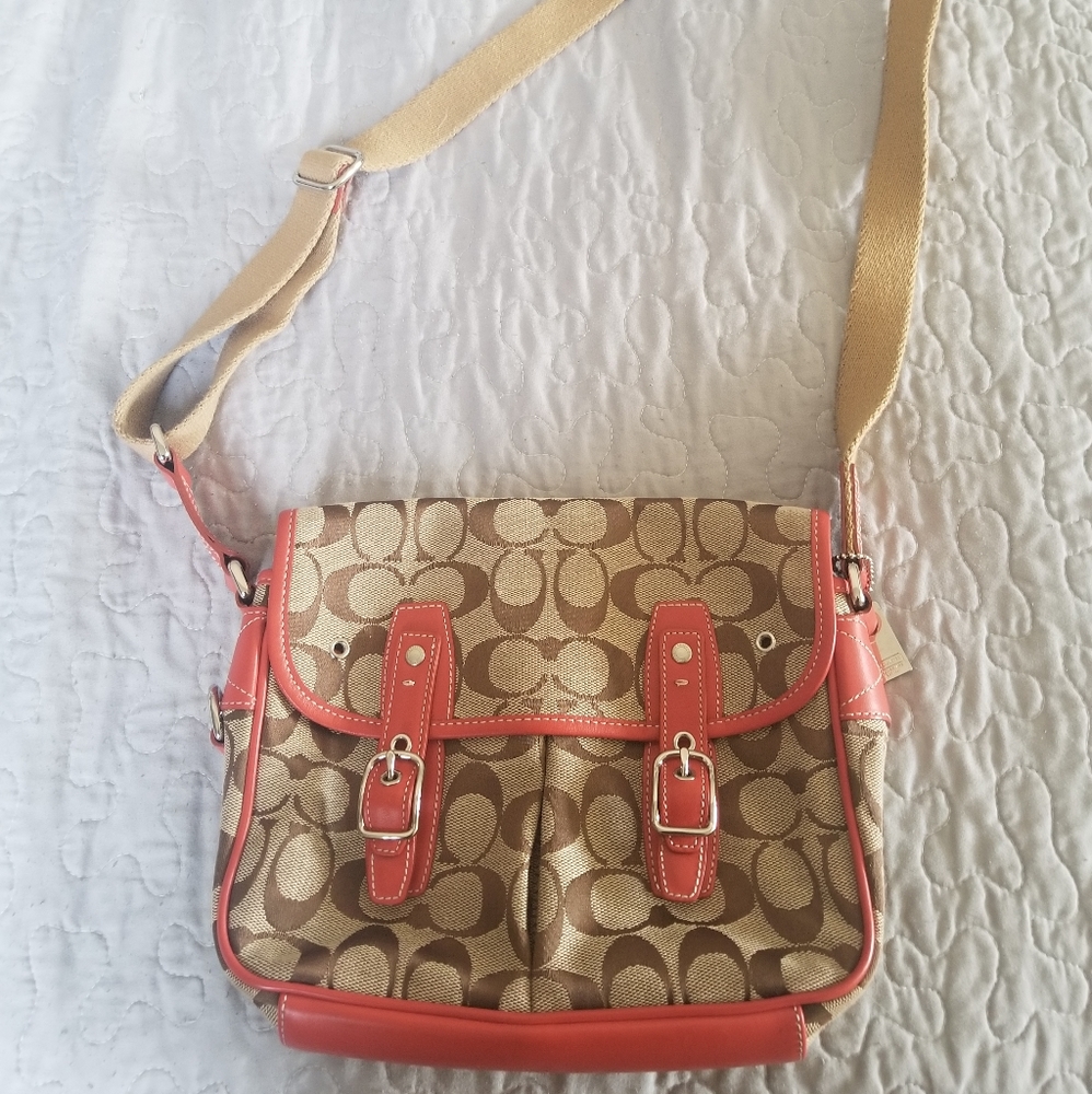 AUTHENTIC COACH monogram canvas  double buckle detail and orange leather trim